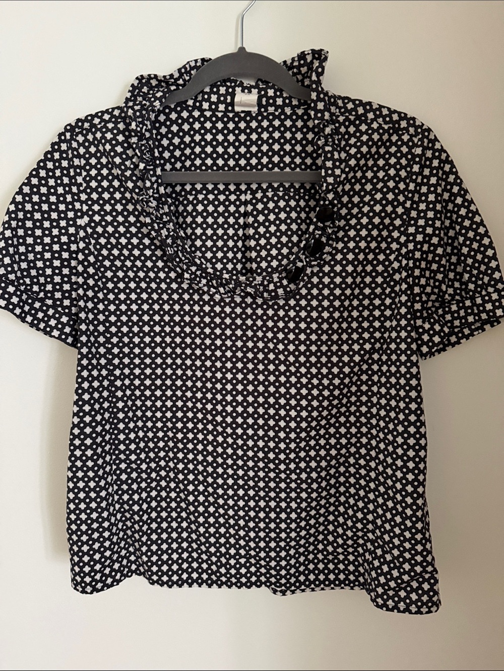 J. Crew Black & White Ruffle-Neck Short Sleeve Blouse